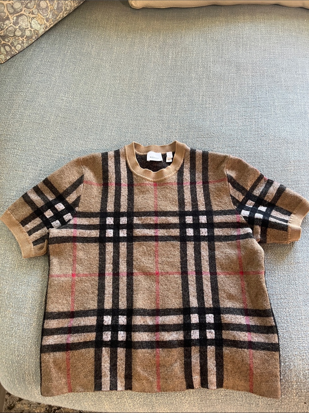 Burberry Tan Black Plaid Short-Sleeve Wool Sweater